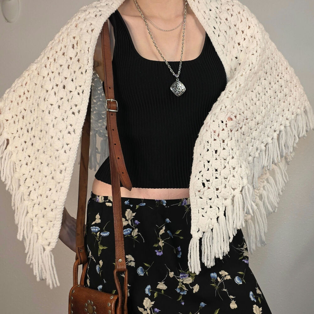 Hand Crochet White Fringe Shawl Boho Cottagecore Festival Wrap Poncho